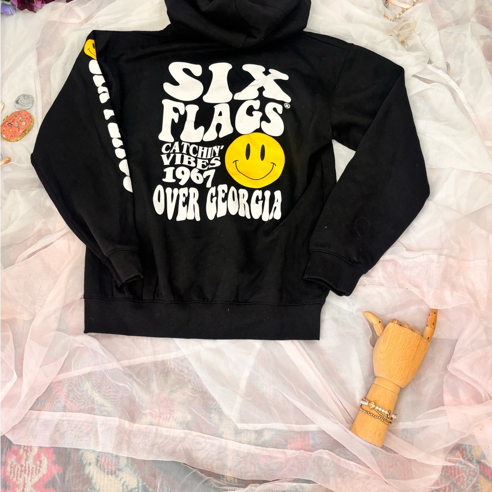Black Six Flags Hoodie with Smiley Face